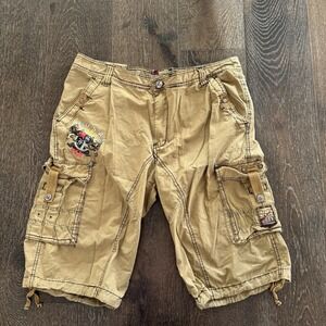 FUSAI Mens Cargo Shorts Size 38 Gothic Skater Crest‎ Strap Pockets Y2K Style